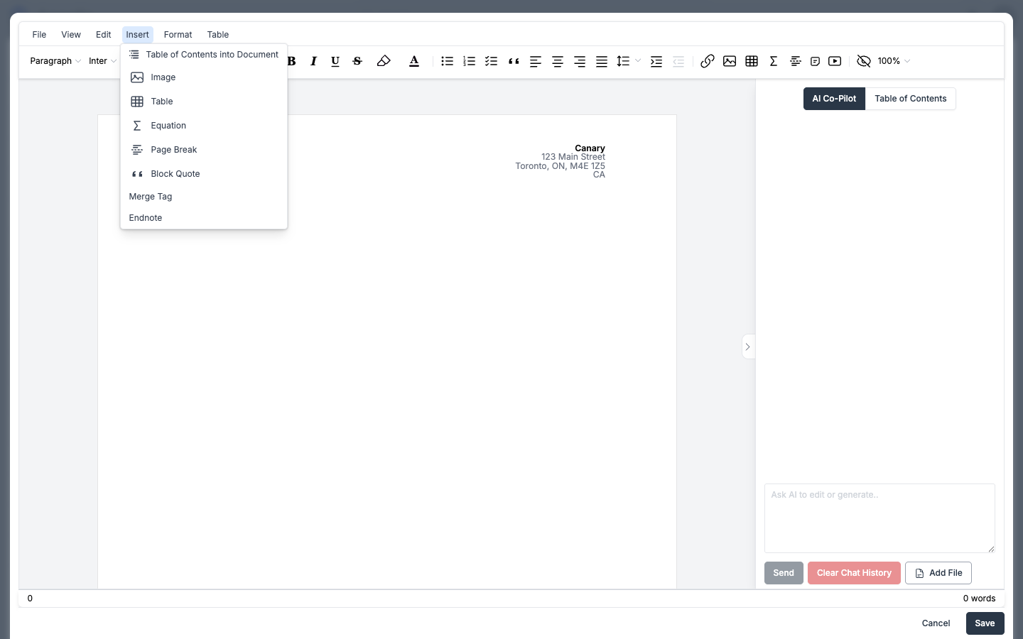 The document editor's Insert menu, showing Merge Tag alongside Image, Table, Equation, Page Break, Block Quote, and Endnote