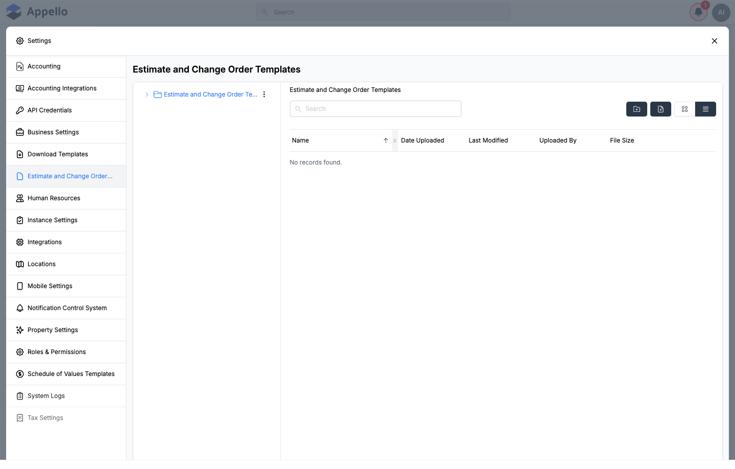 Estimate and Change Order Templates — folder tree and file list, shown empty on the demo instance