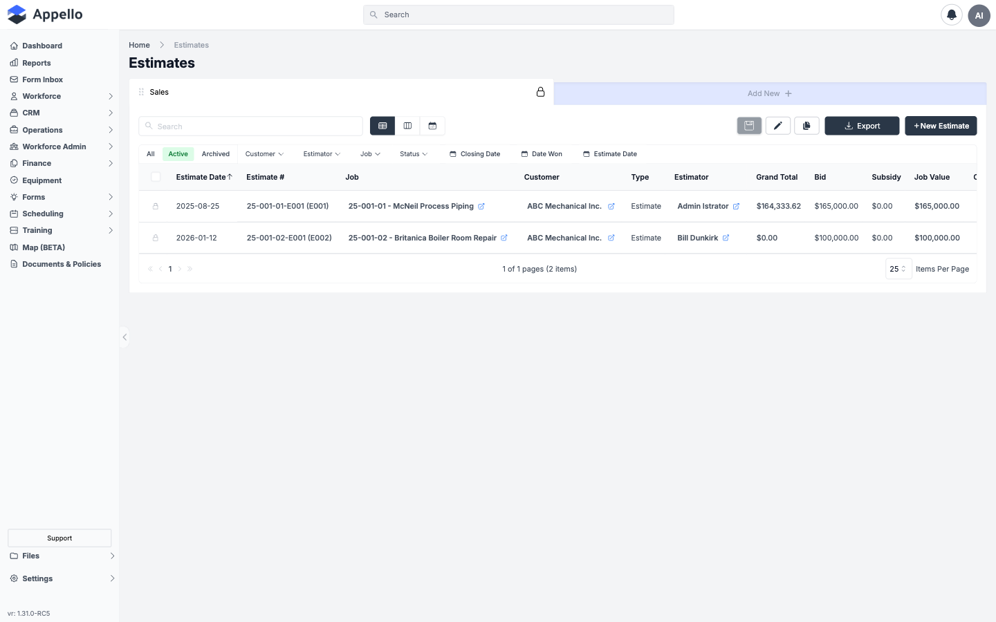 Estimates Report — list of estimates with customer, amount, status, and conversion tracking
