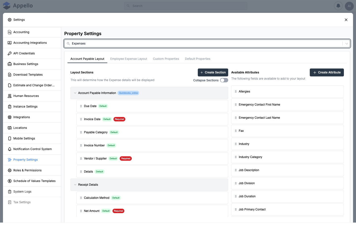 Expenses Account Payable Layout tab