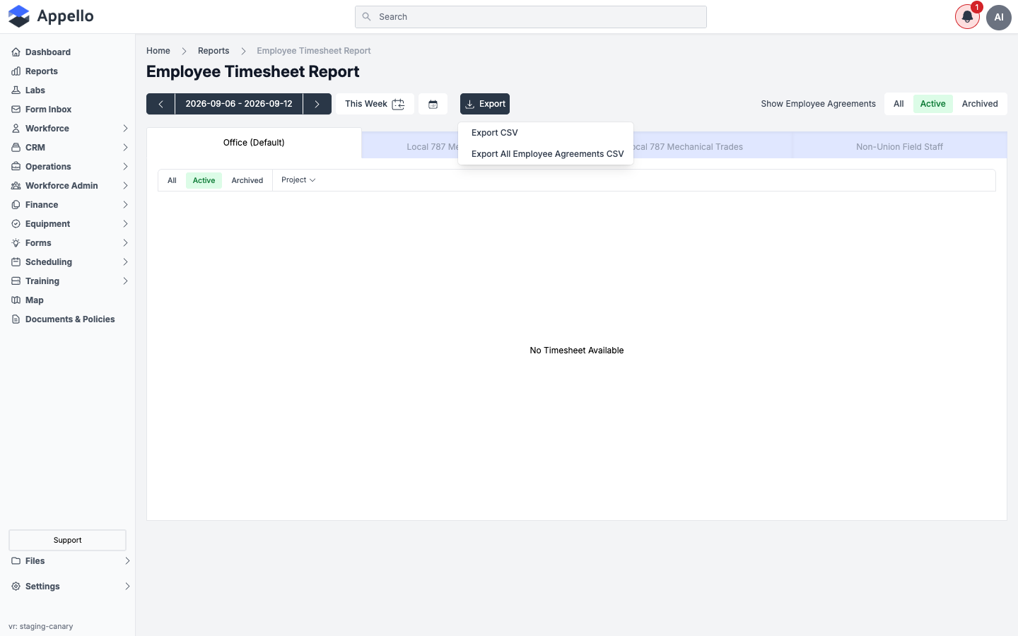 Employee Timesheet Report — Export dropdown showing "Export CSV" and "Export All Employee Agreements CSV"