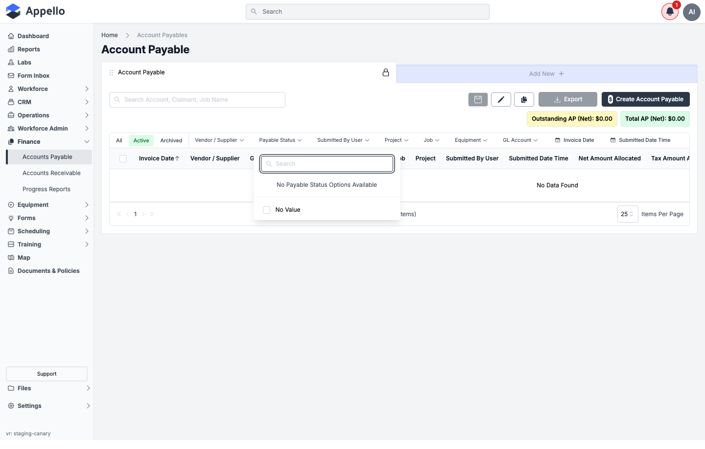 Payable Status filter open — the search-and-checklist pattern shared by every filter chip on this list; shown with no options available since no bills exist yet on the demo instance