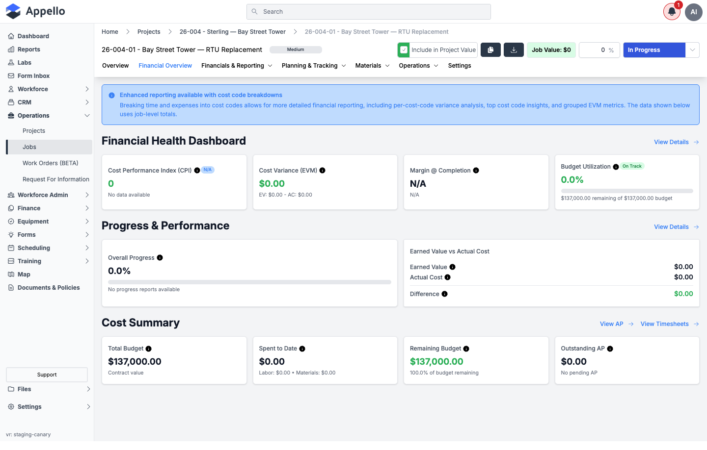 Financial Overview tab showing the Financial Health Dashboard, Progress &amp; Performance, and Cost Summary sections for a job