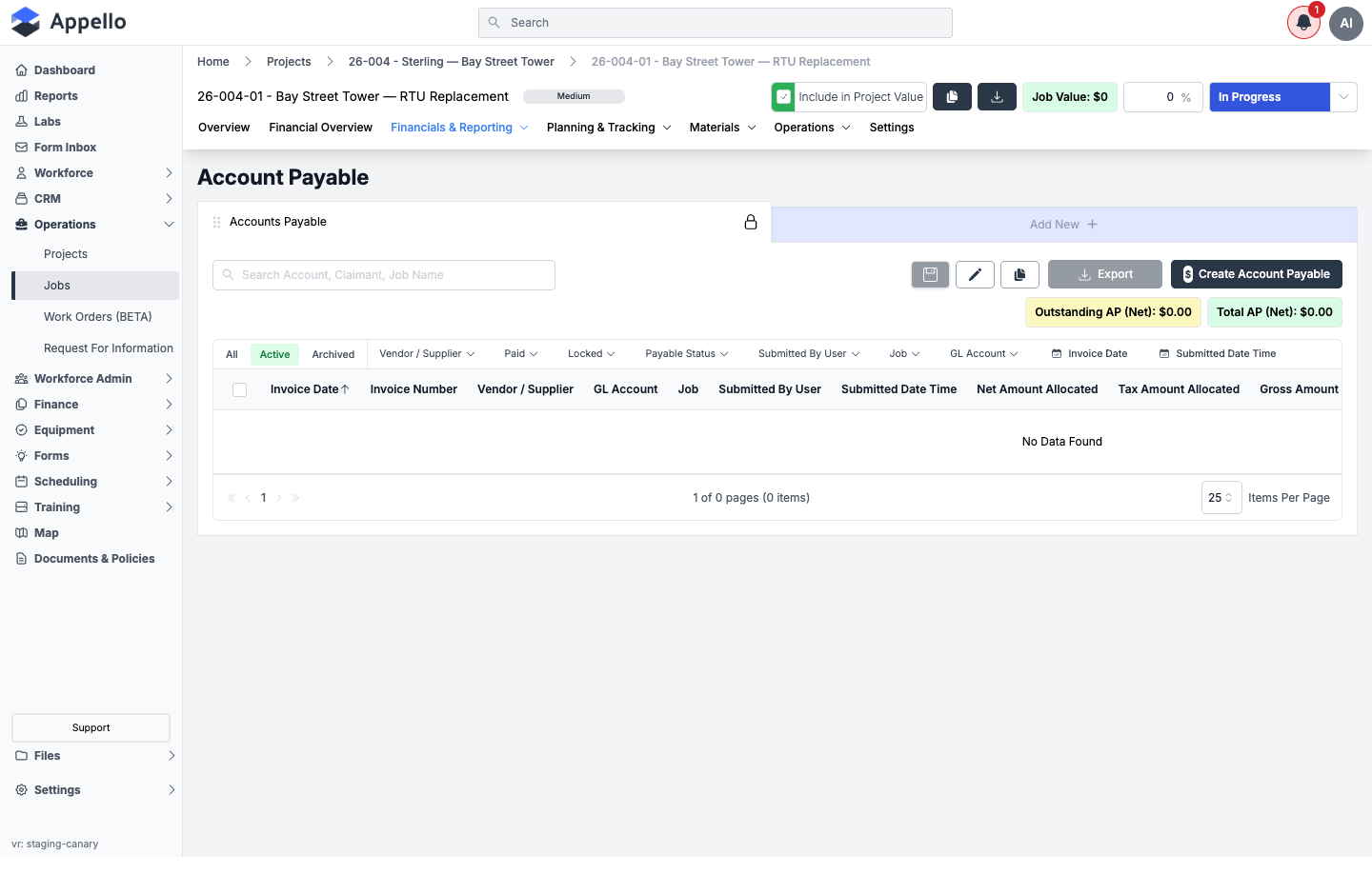 Financials &amp; Reporting — Accounts Payable, shown empty on the demo instance
