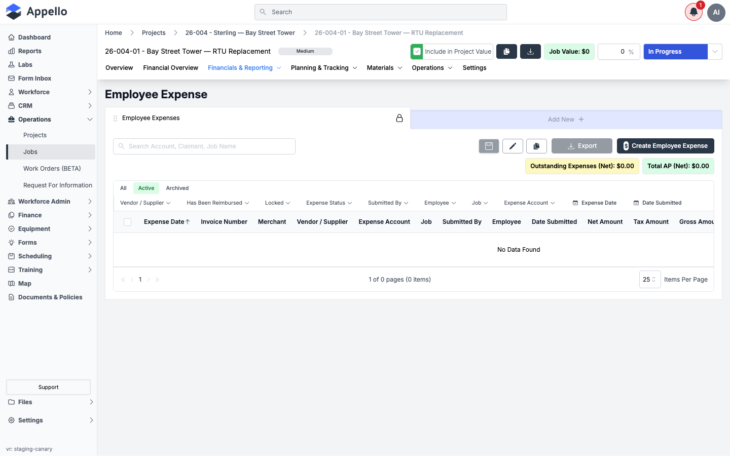 Financials &amp; Reporting — Expenses, shown empty on the demo instance