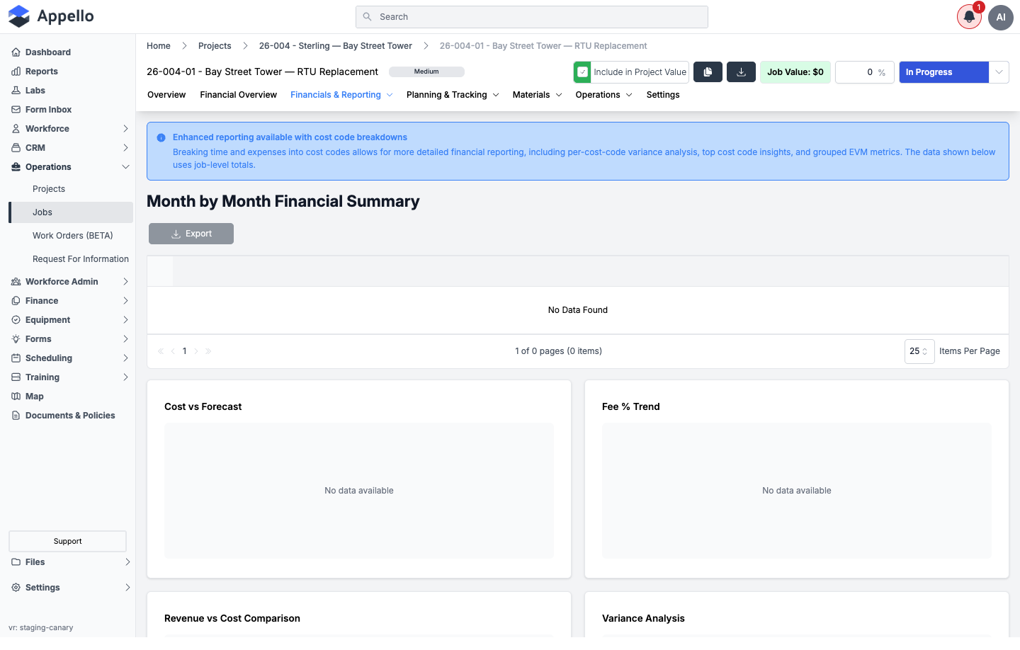 Financials &amp; Reporting — Monthly Financial Summary, shown empty on the demo instance