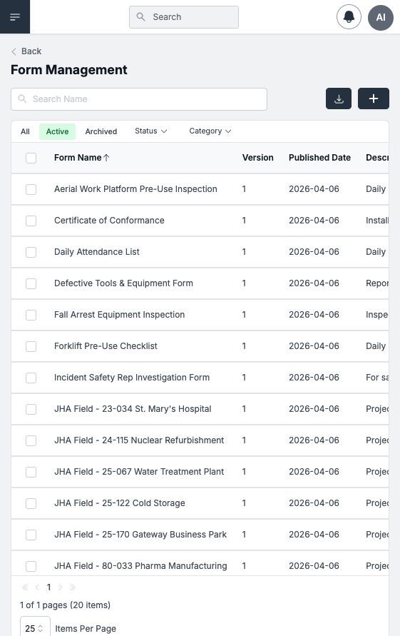 Form Management — list of 20 active form templates with name, version, published date, and description columns