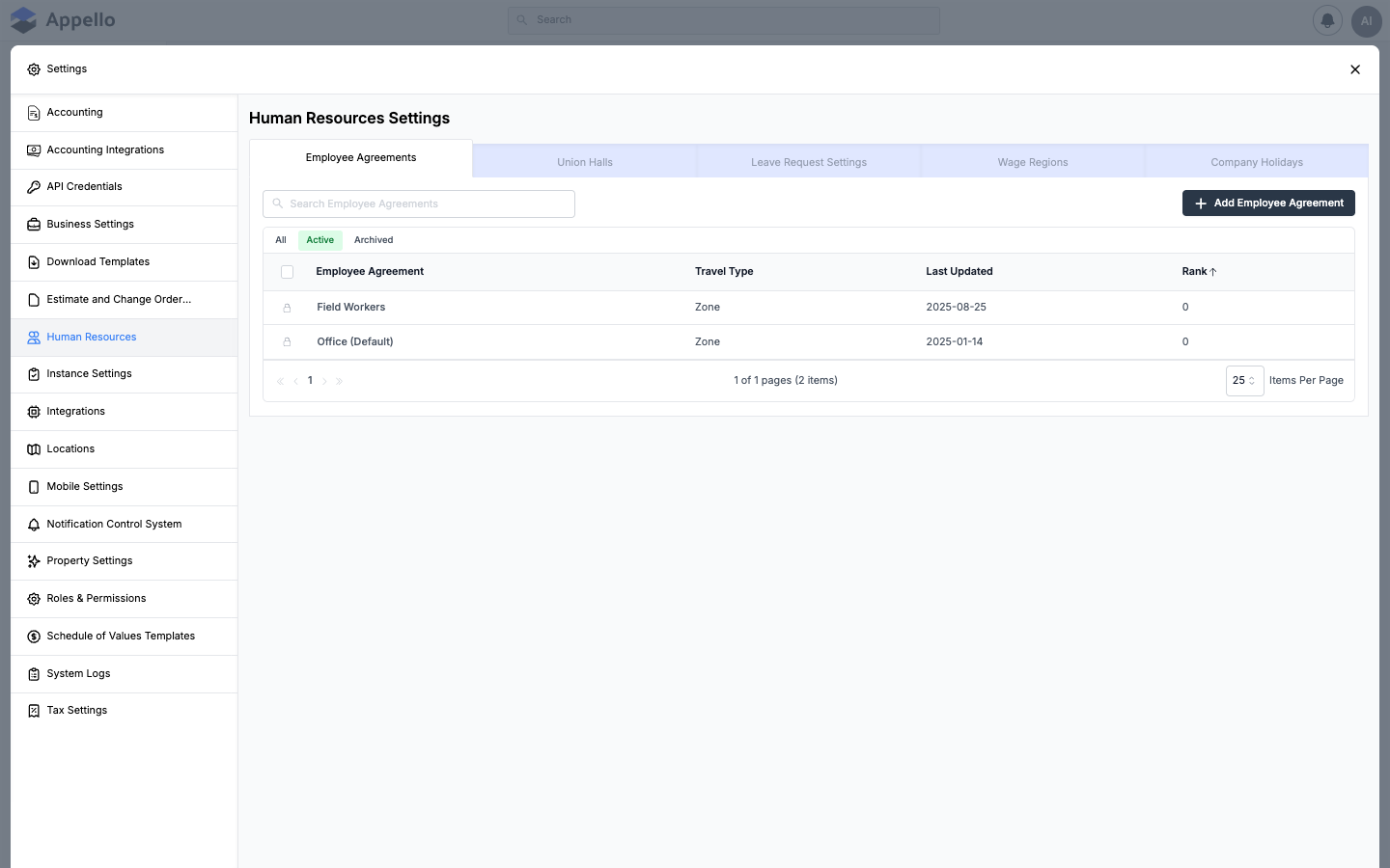 Human Resources Settings — union halls, employment agreements, travel cards, and leave configuration tabs
