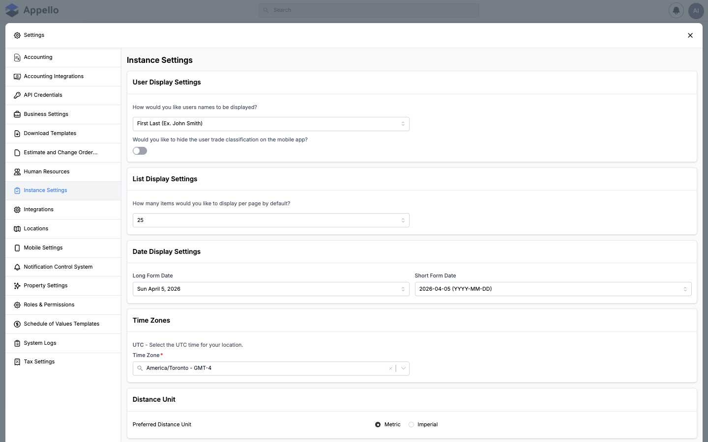 Instance Settings — tenant-level configuration for date format, timezone, and feature toggles