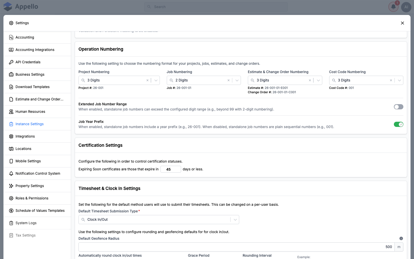 Instance Settings — Certification Settings card showing the "Expiring Soon certificates are those that expire in 45 days or less" field