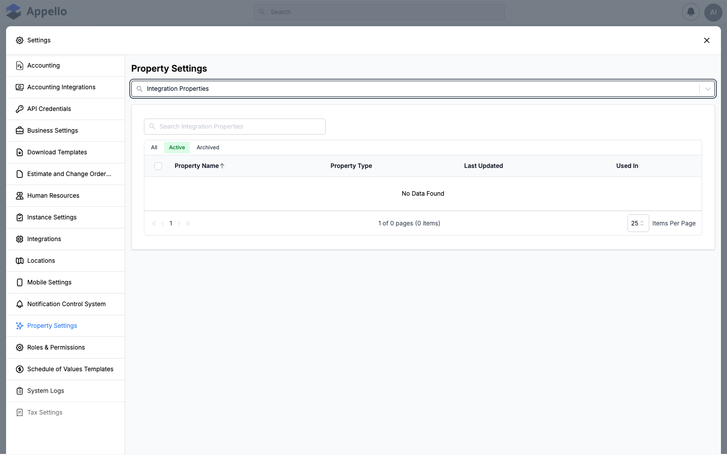 Integration Properties panel showing the filtered Custom Properties list, empty on the demo instance