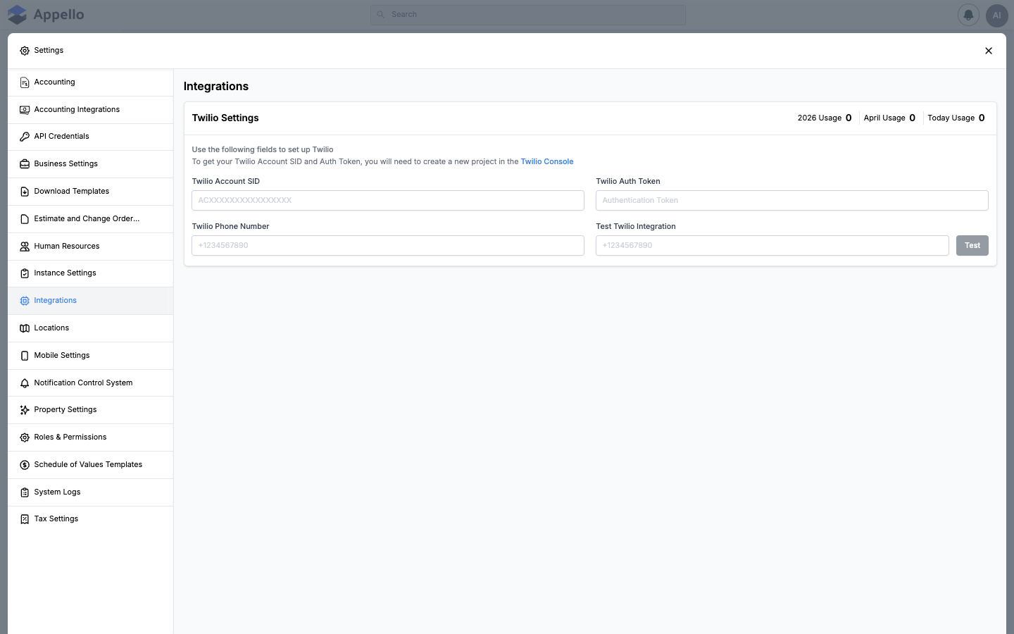 Integrations — connected services including accounting, payroll, and communication tools