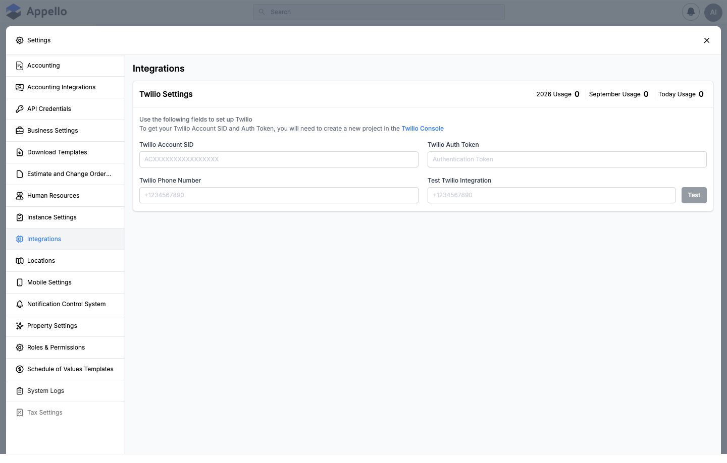 Integrations tab showing Twilio Settings with Account SID, Auth Token, Phone Number, and Test fields, shown empty on the demo instance