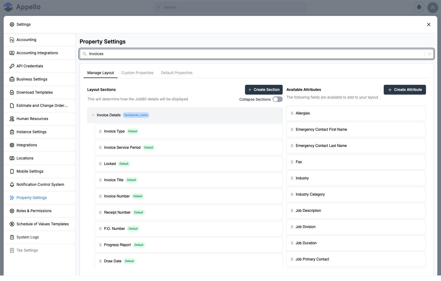 Invoices Manage Layout tab