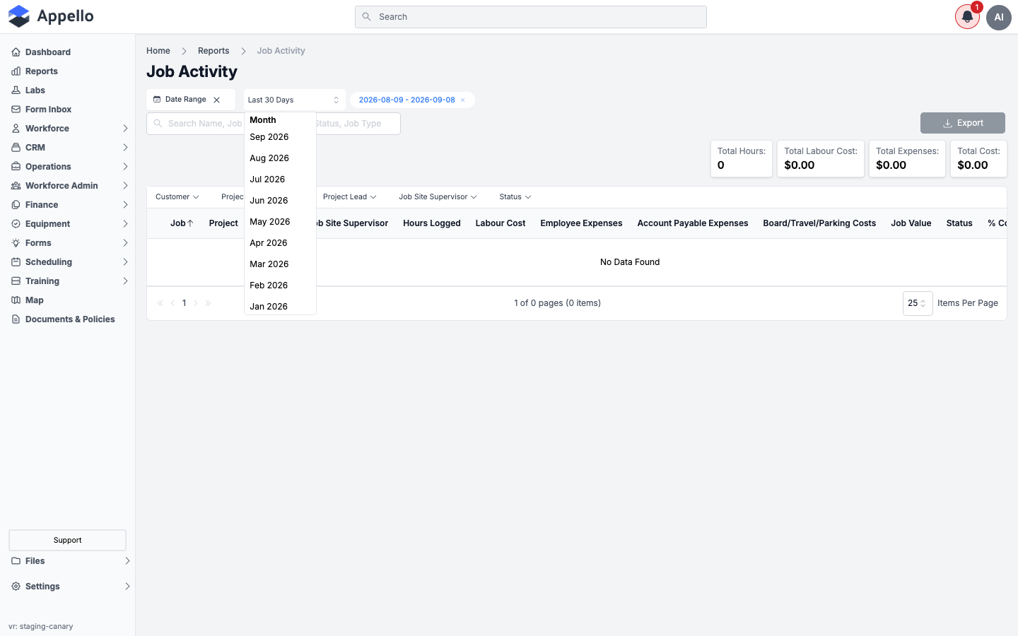 Job Activity — Date Range quick-value dropdown open, showing Month and the last several months