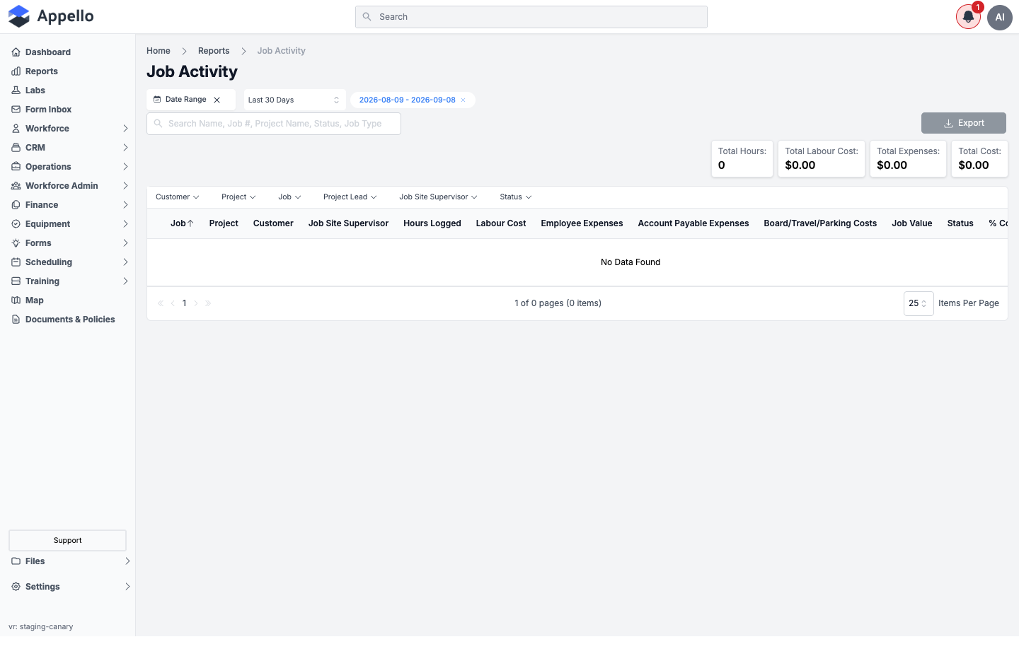 Job Activity — Last 30 Days, No Data Found on the demo instance