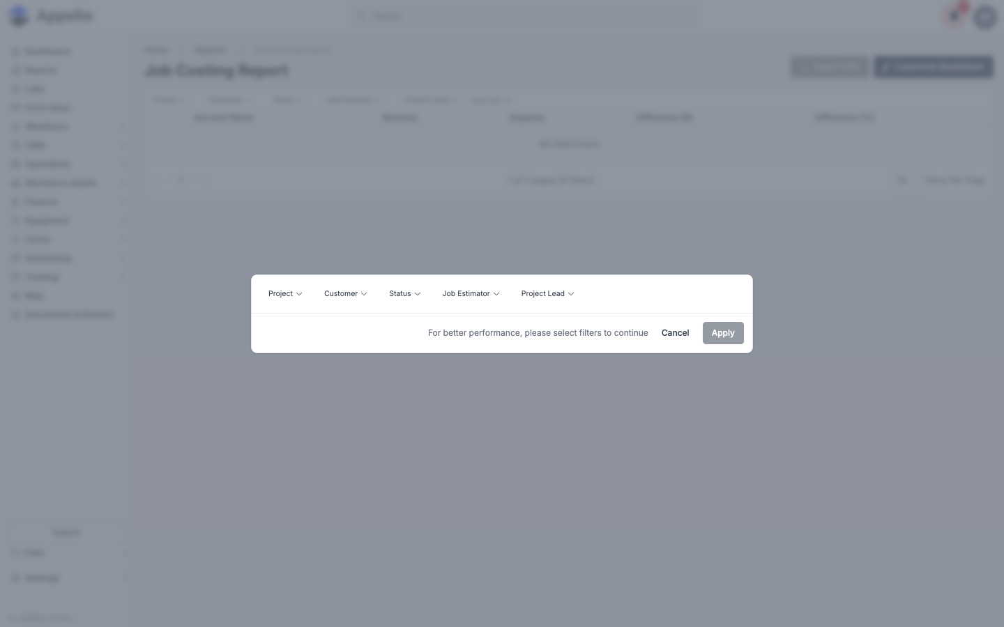 Job Cost — filter panel open on load, "please select filters to continue"