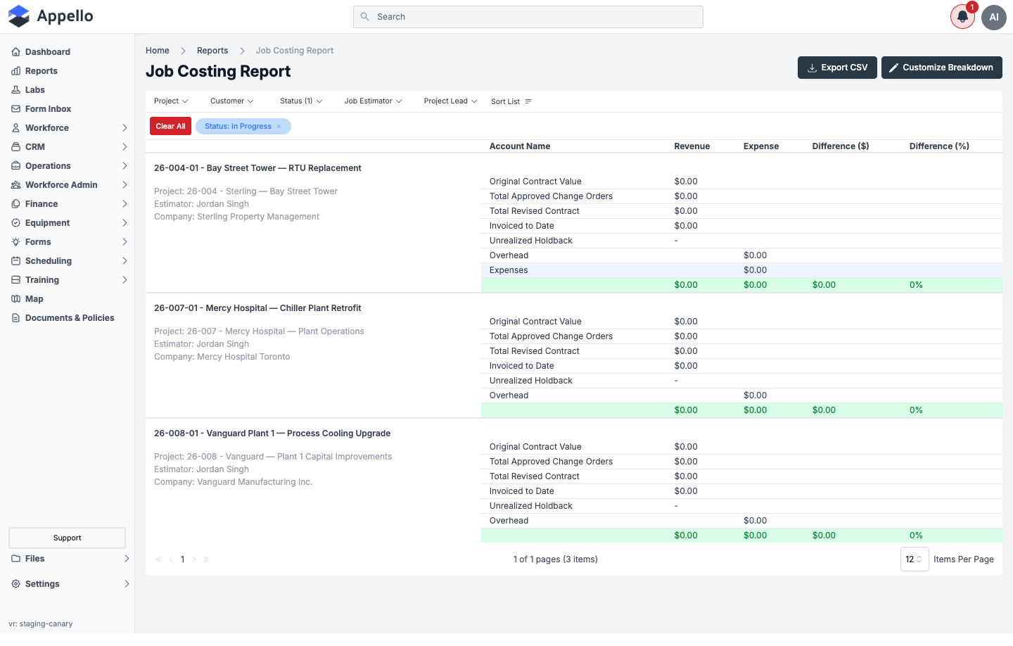 Job Cost report filtered to Status: In Progress, showing three jobs with $0 revenue and expense on the demo instance