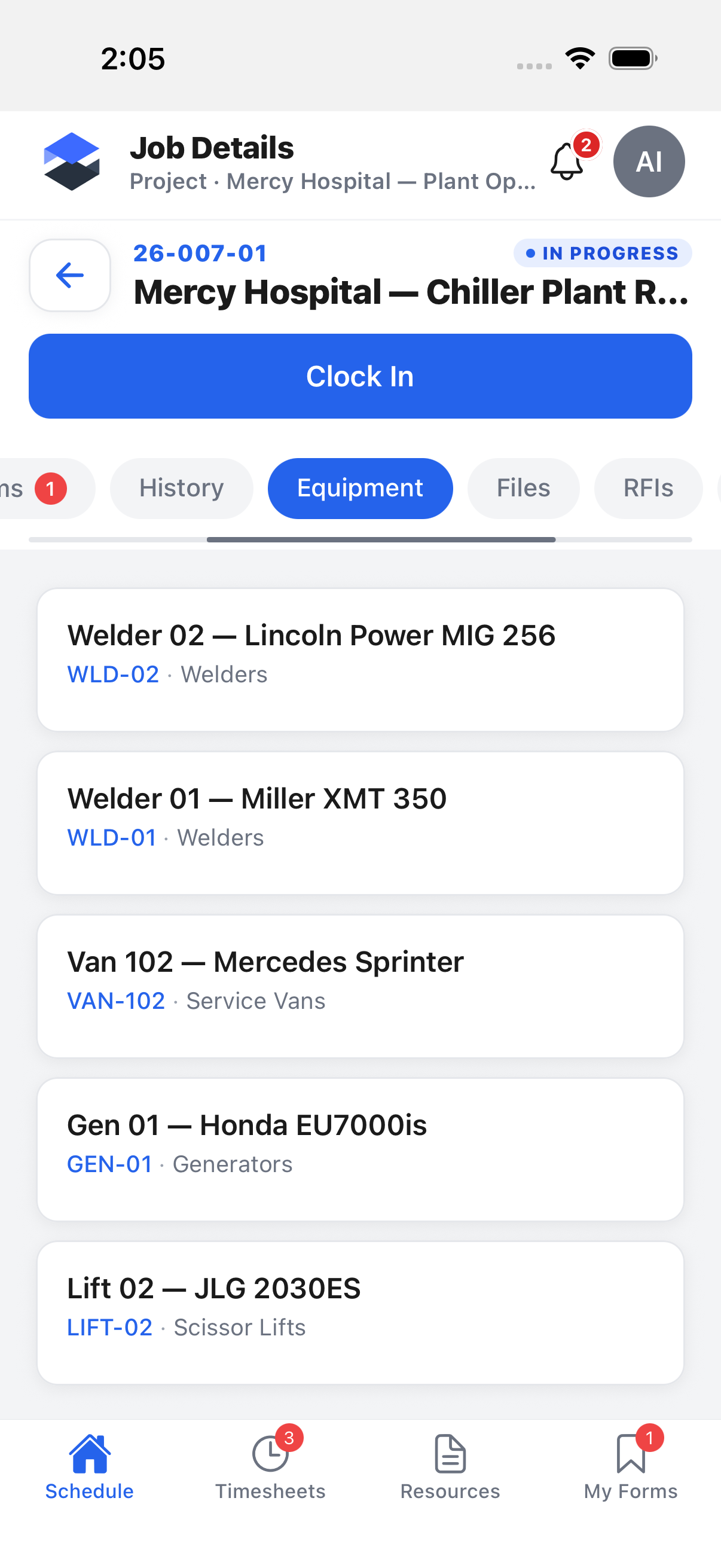 Job Details -- Equipment tab, listing equipment assigned to this job