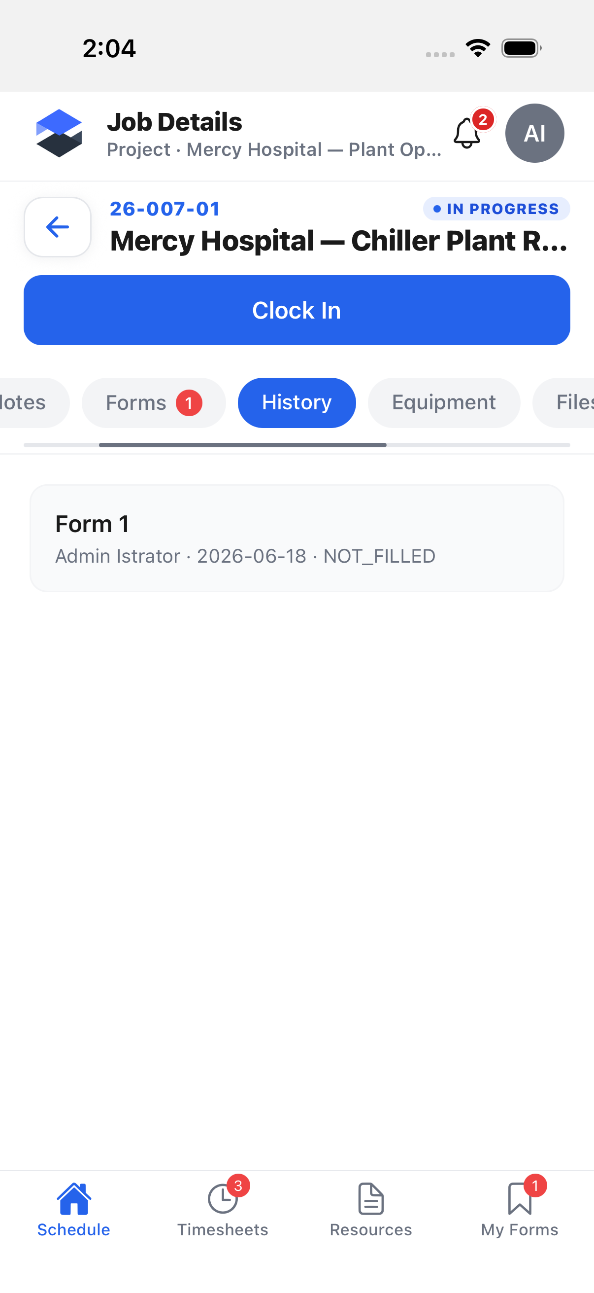 Job Details -- History tab, showing this job's form-submission history