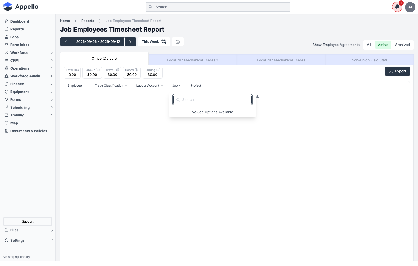 Job Employees Timesheet Report — Job filter dropdown open, no job options available on the demo instance