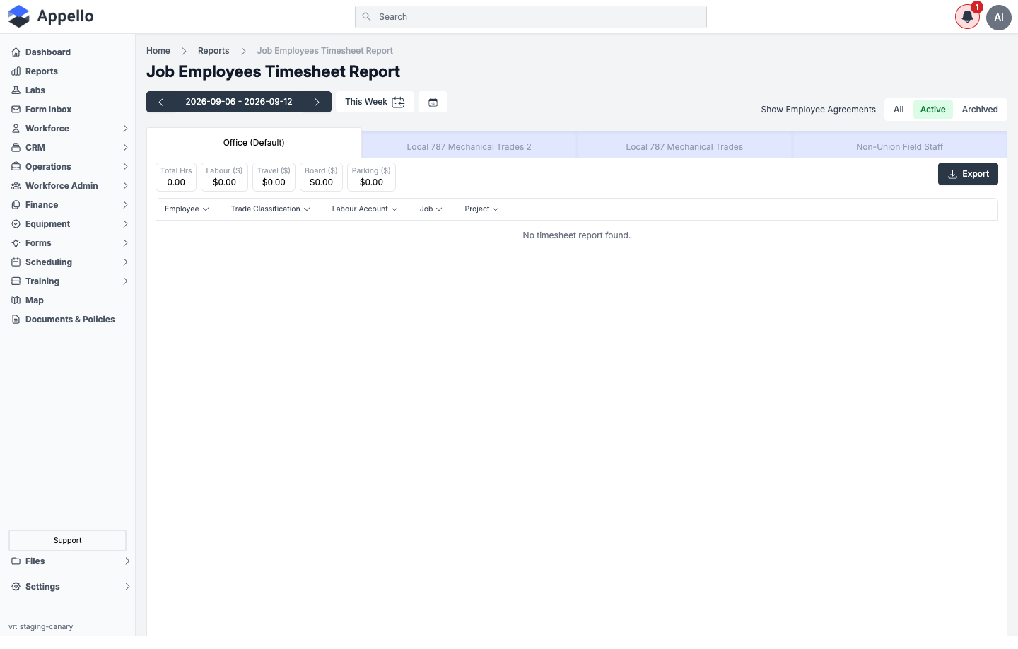 Job Employees Timesheet Report — Office (Default) tab, current week, no timesheet data on the demo instance