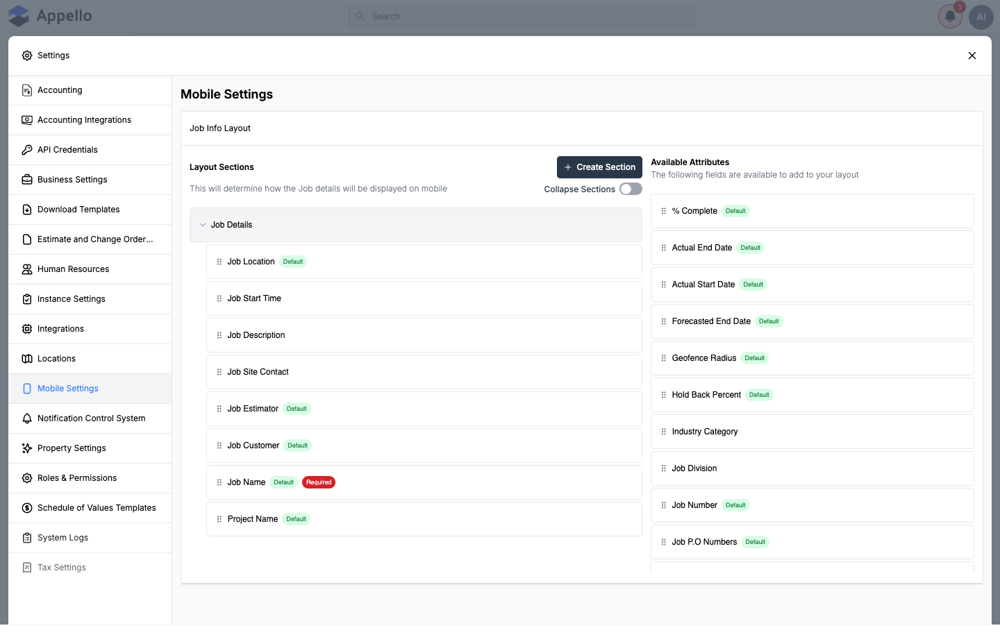 Mobile Settings — the Job Info Layout builder, with Layout Sections on the left and Available Attributes on the right