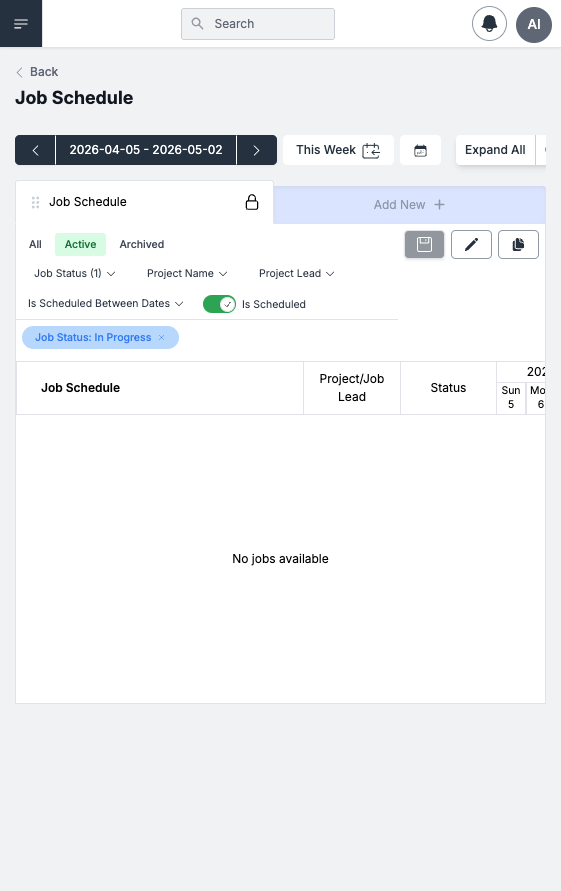 Job Schedule — multi-week timeline grid with project rows, filter bar, and date columns