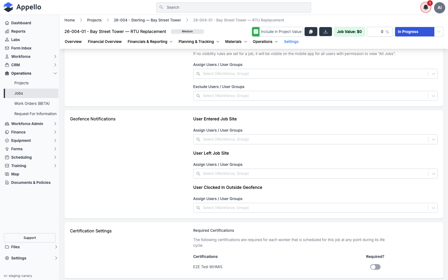 A job's Settings tab, Geofence Notifications section, with three sub-sections — User Entered Job Site, User Left Job Site, and User Clocked In Outside Geofence — each with its own Assign Users / User Groups picker