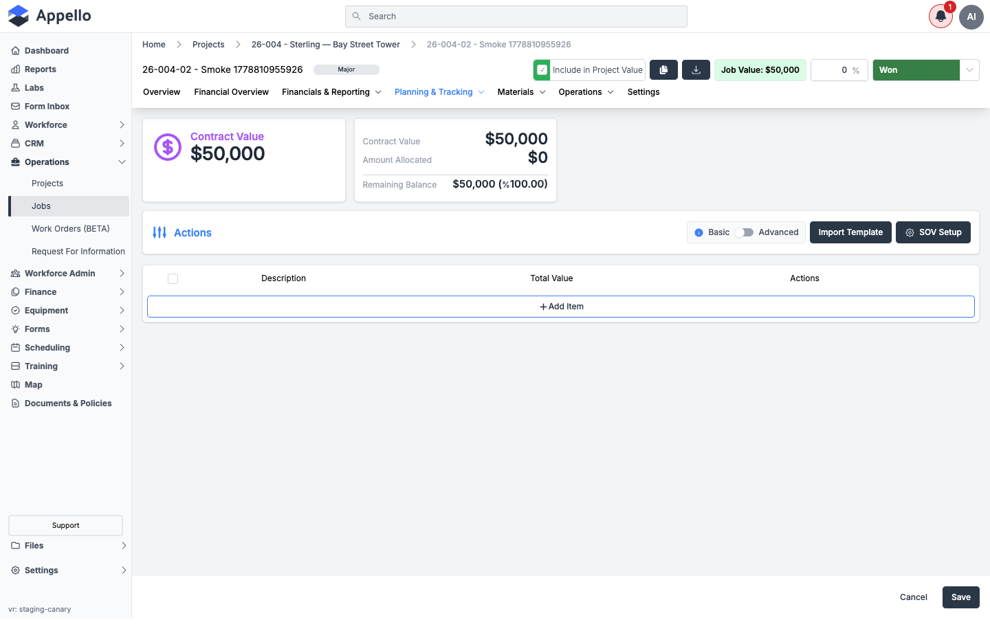 Job Schedule of Values screen with Import Template and SOV Setup controls