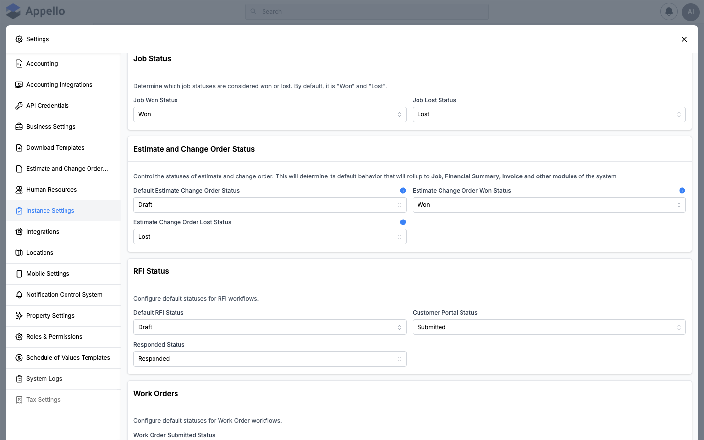 Job Status, Estimate and Change Order Status, and RFI Status cards