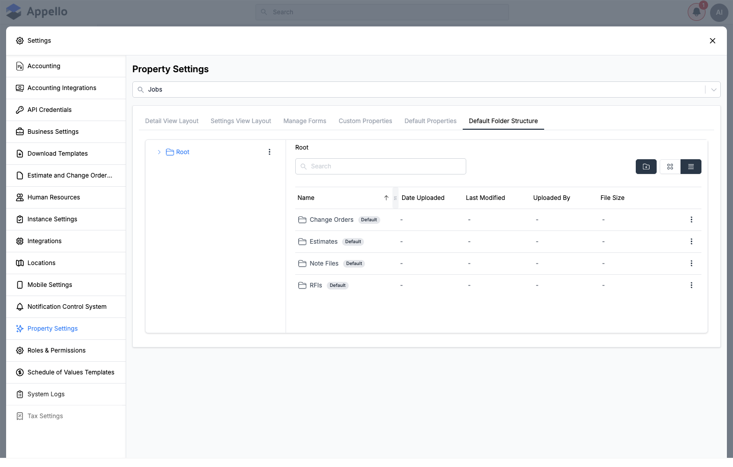 Jobs Default Folder Structure tab showing Change Orders, Estimates, Note Files, and RFIs