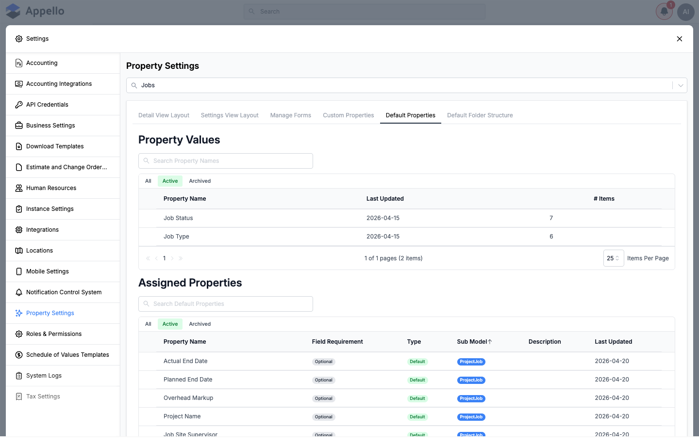 Default Properties tab for Jobs showing the Property Values and Assigned Properties tables