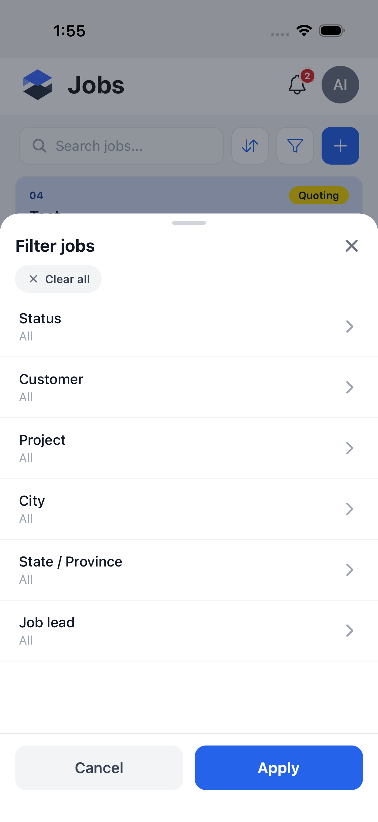 Jobs list -- Filter sheet, listing the six filterable fields
