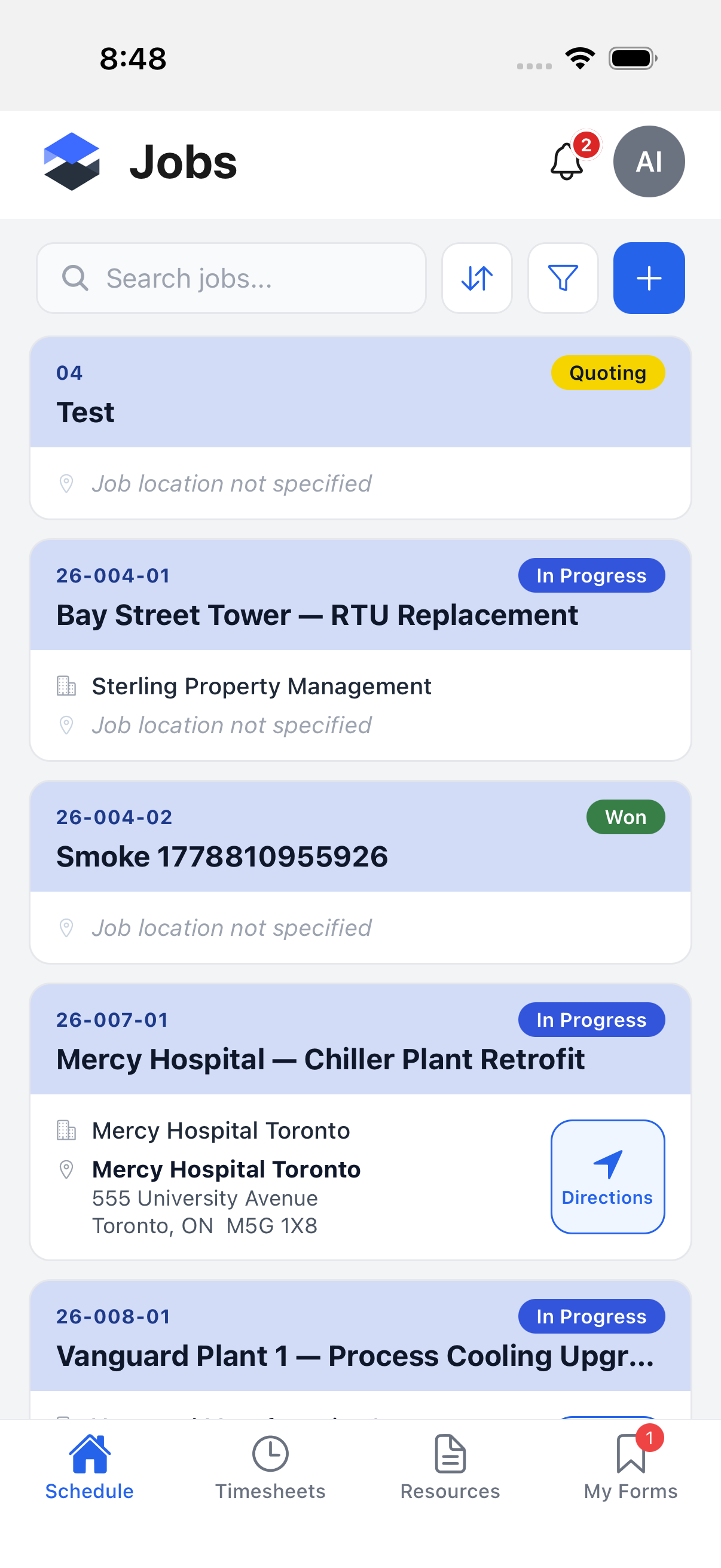 Jobs list -- search field, Sort, Filter, and Create controls above the job cards