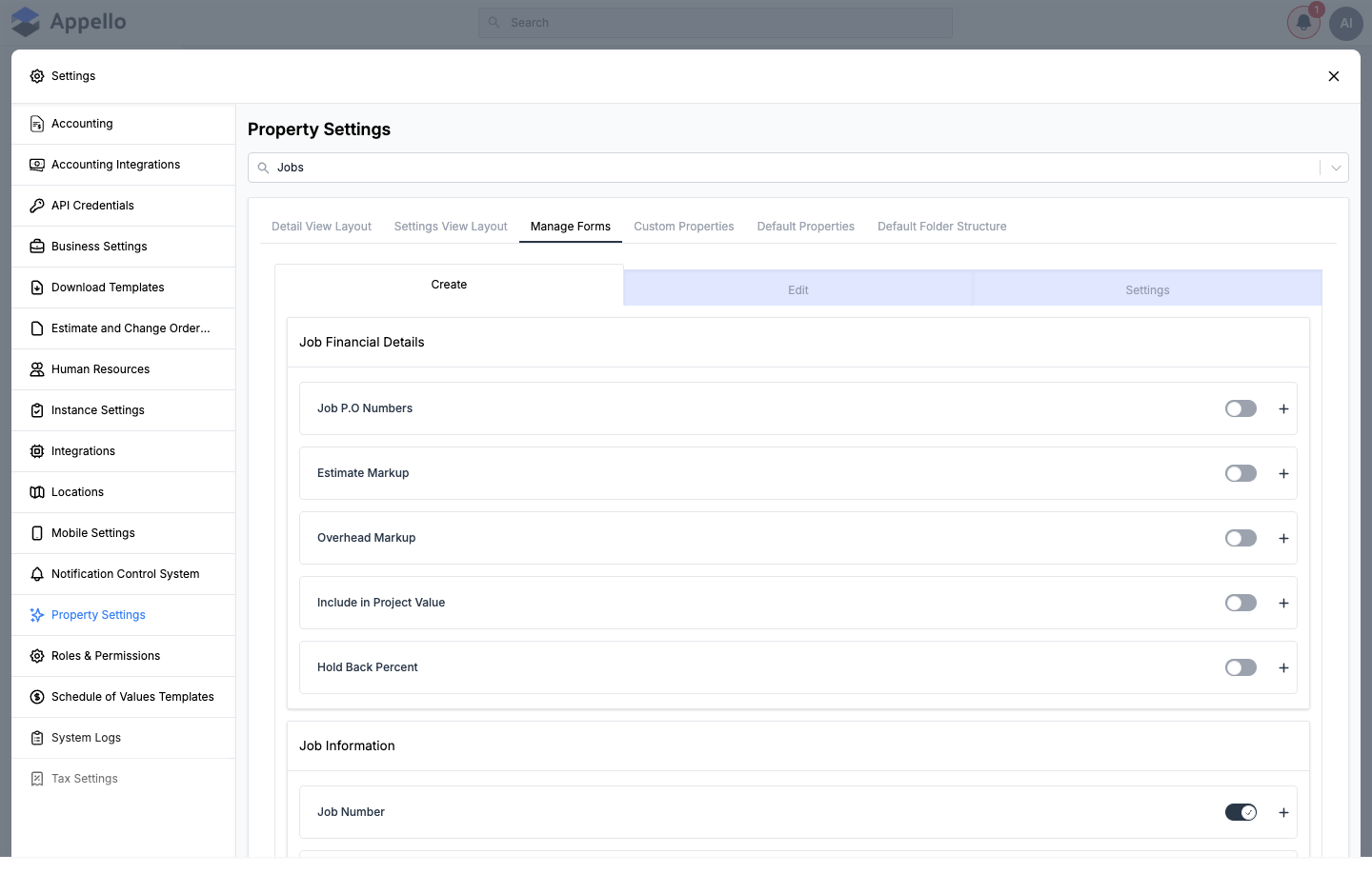 Jobs Manage Forms tab, Create sub-tab, with field toggles and a plus icon to expand overrides
