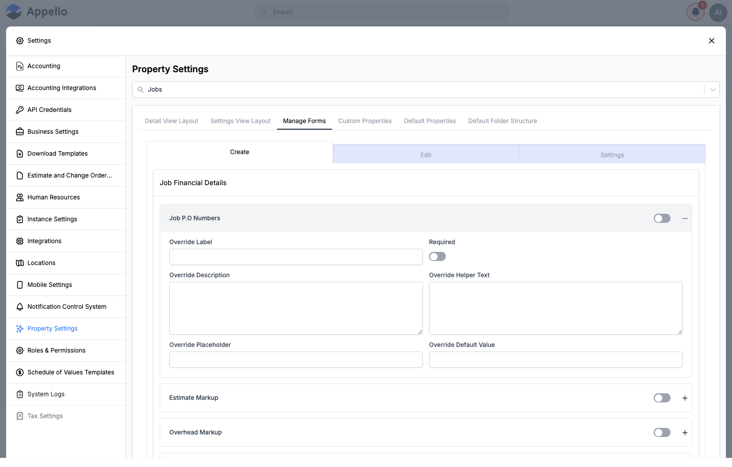 Expanded override panel for a field on the Jobs Create form, showing label, required, description, helper text, placeholder, and default value overrides