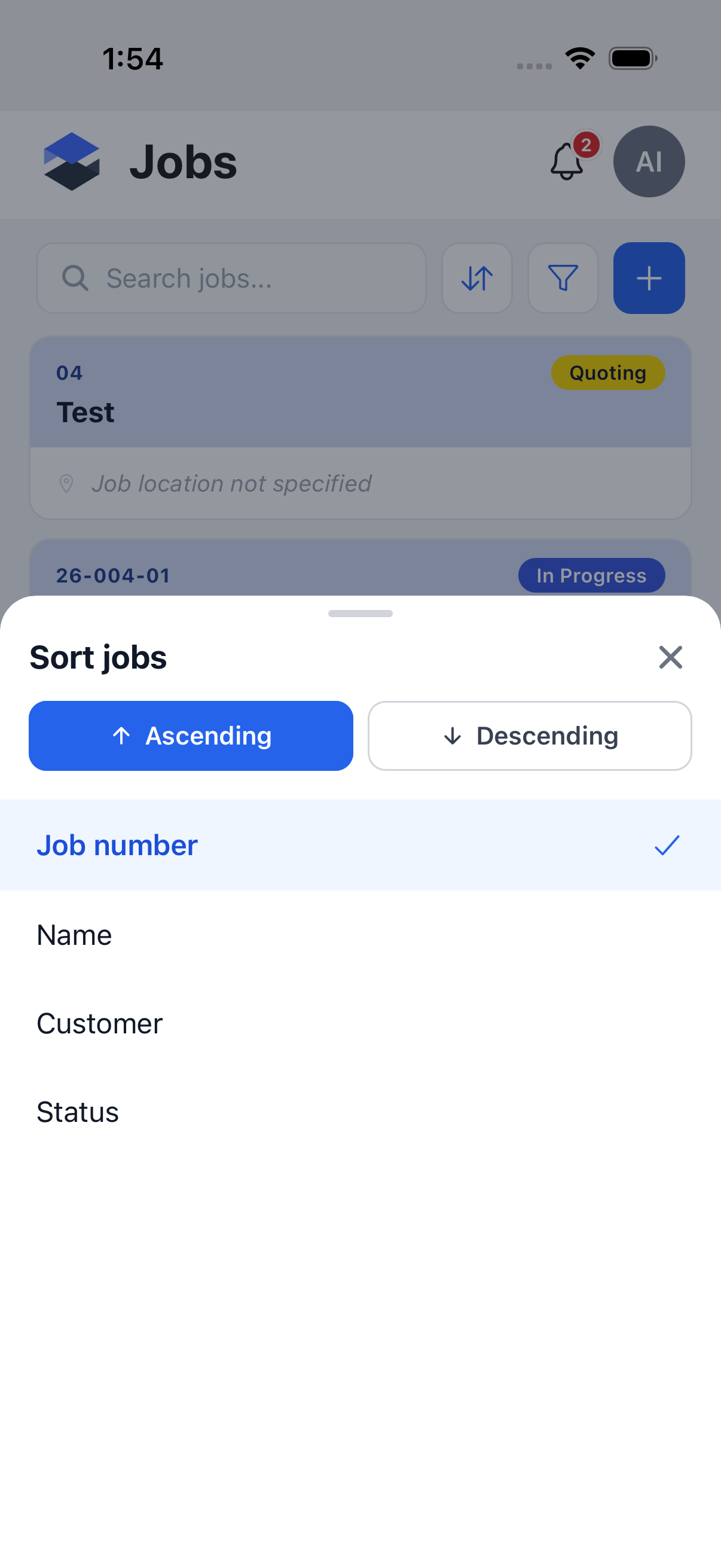 Jobs list -- Sort sheet, with Job number/Name/Customer/Status and an Ascending/Descending toggle