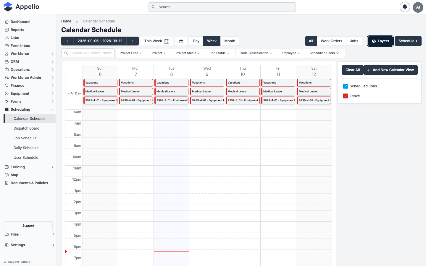 Layers panel open, listing the Scheduled Jobs and Leave calendar views with a colour swatch and checkbox for each, plus Clear All and Add New Calendar View