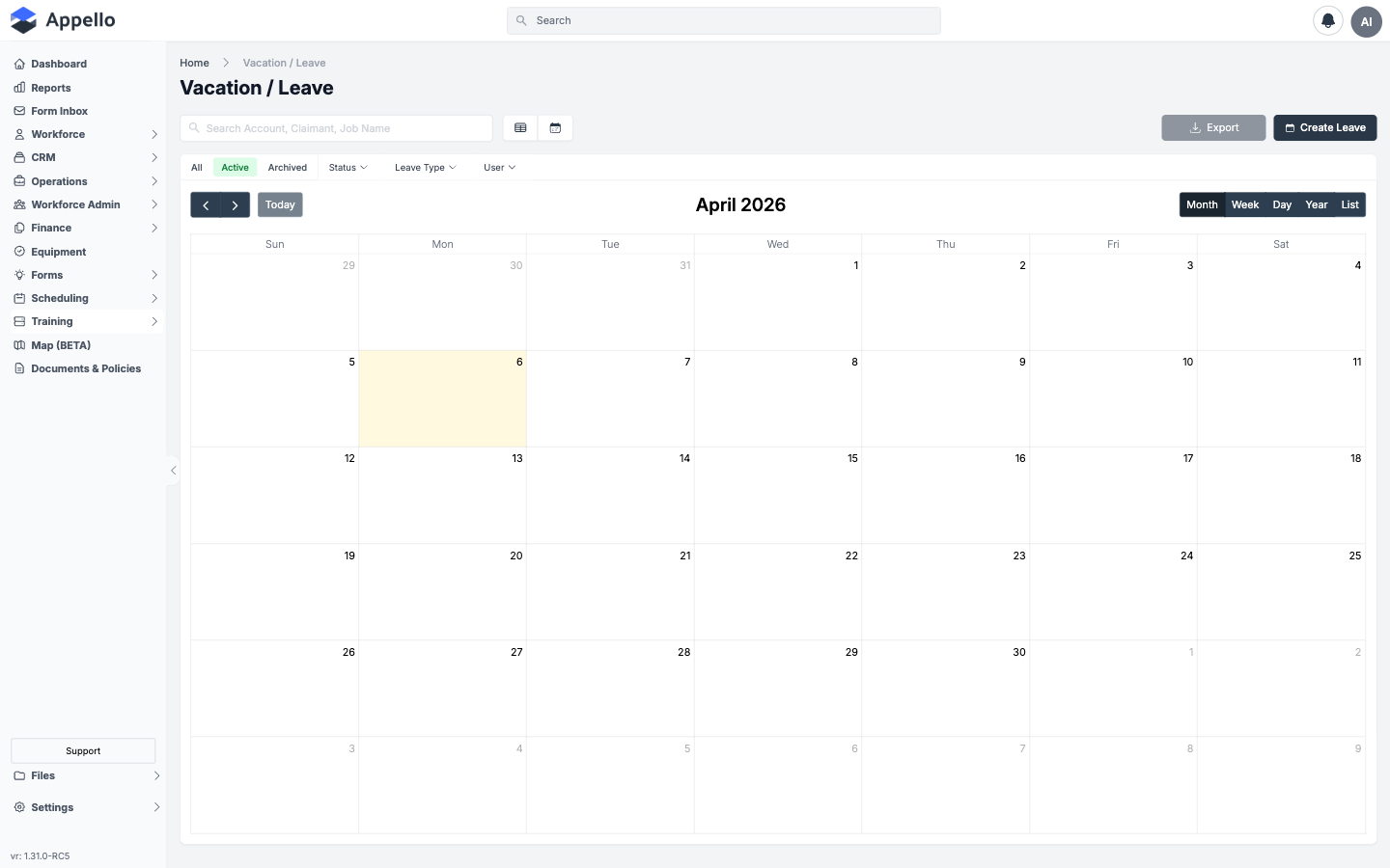 Leave Submissions — list of employee leave requests with status, date range, leave type, and approval actions