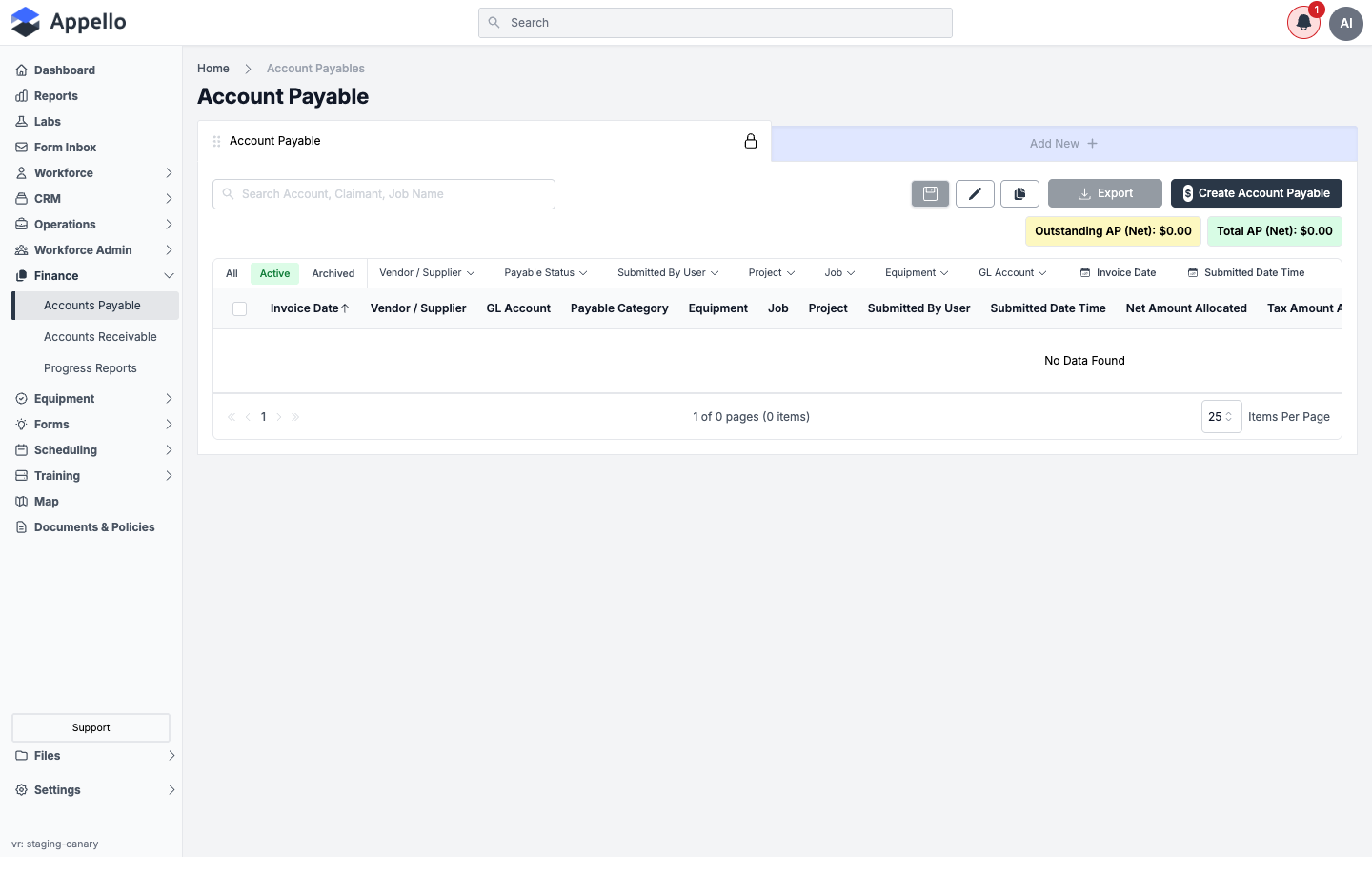 Accounts Payable list — company-wide bill list with column, filter, and search controls; shown empty on the demo instance