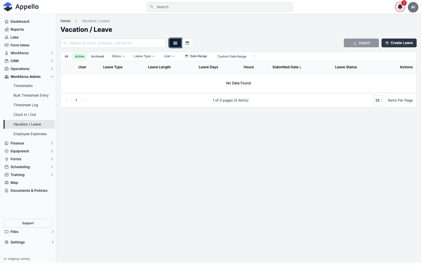 Table view with Active / Archived tabs, Status / Leave Type / User filters, and a Date Range filter