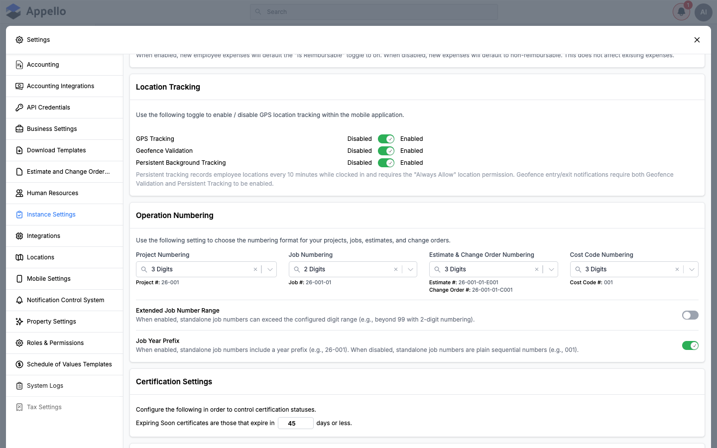 Location Tracking, Operation Numbering, and Certification Settings cards