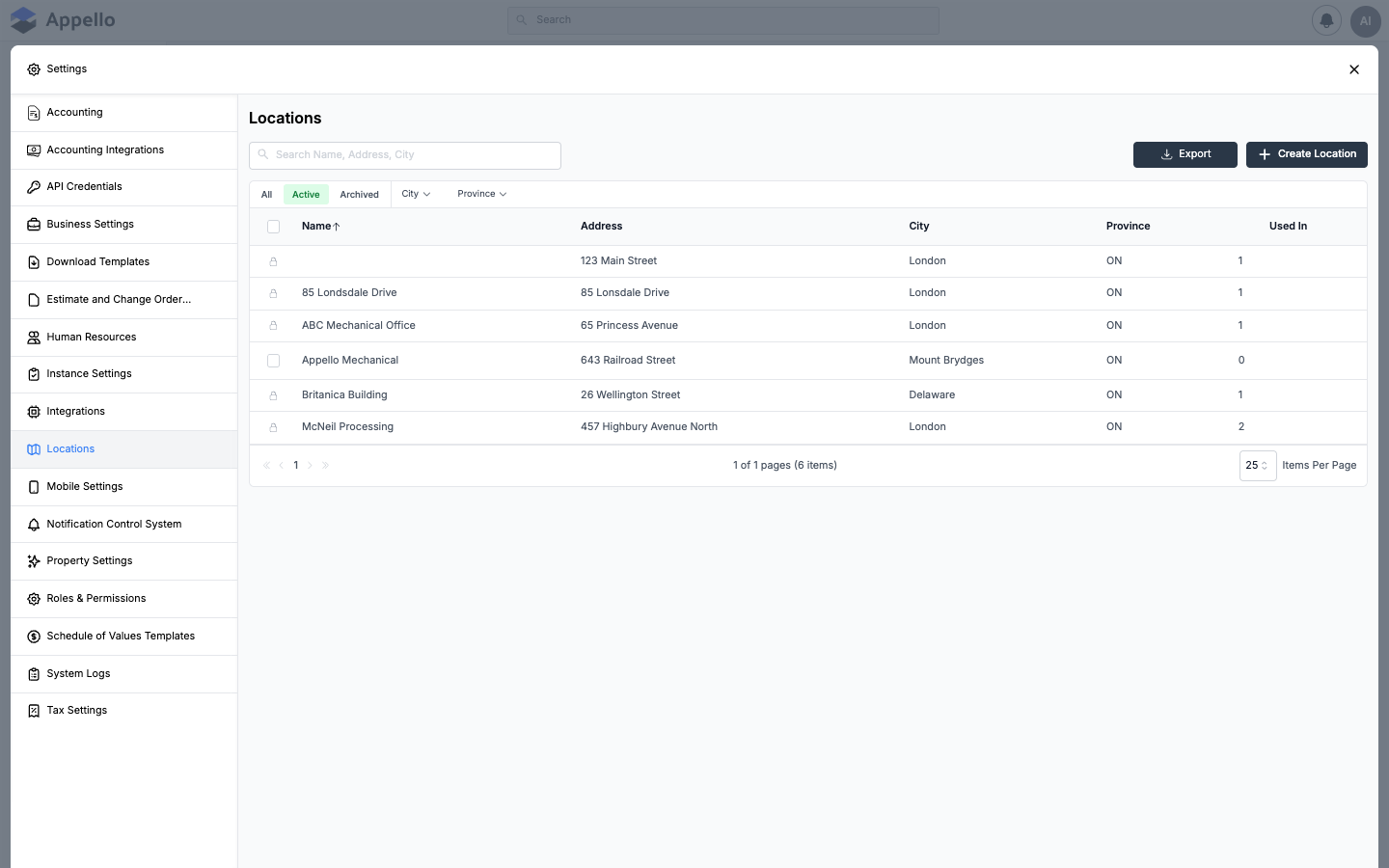Locations — configured office, shop, and job site locations with addresses and coordinates