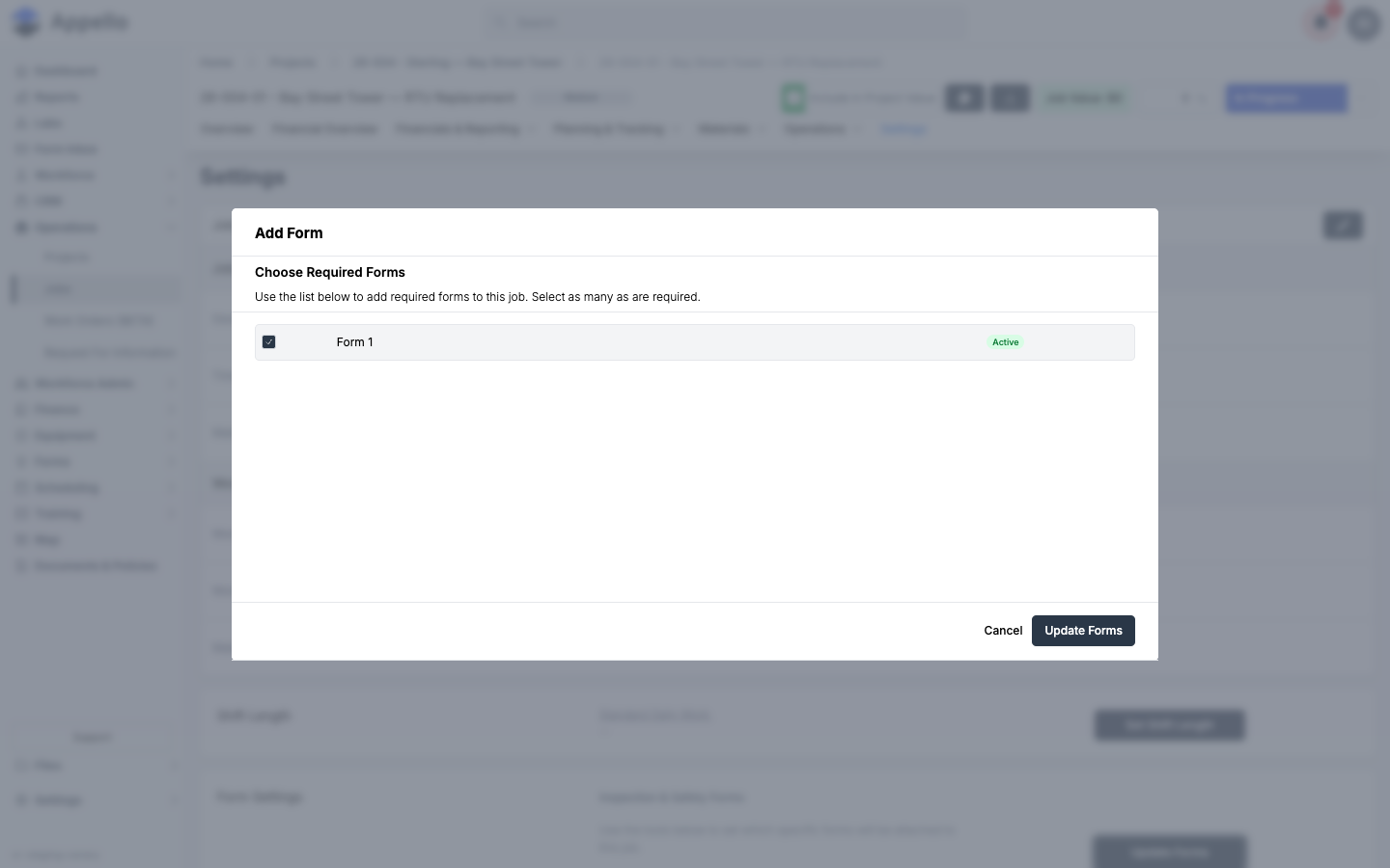 Add Form dialog with a Choose Required Forms checklist