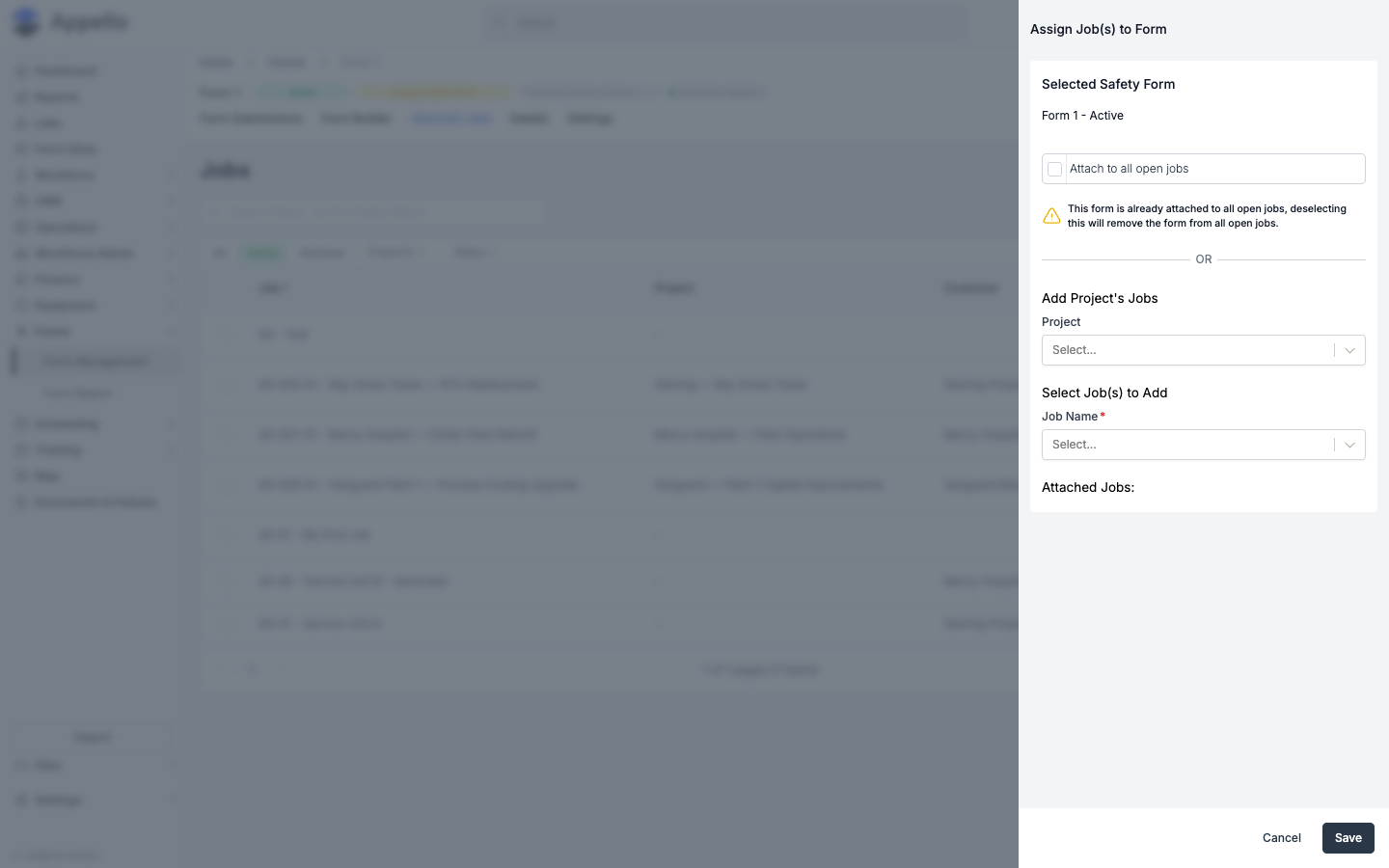 Assign Job(s) to Form panel with Attach to all open jobs, Add Project's Jobs, and Select Job(s) to Add