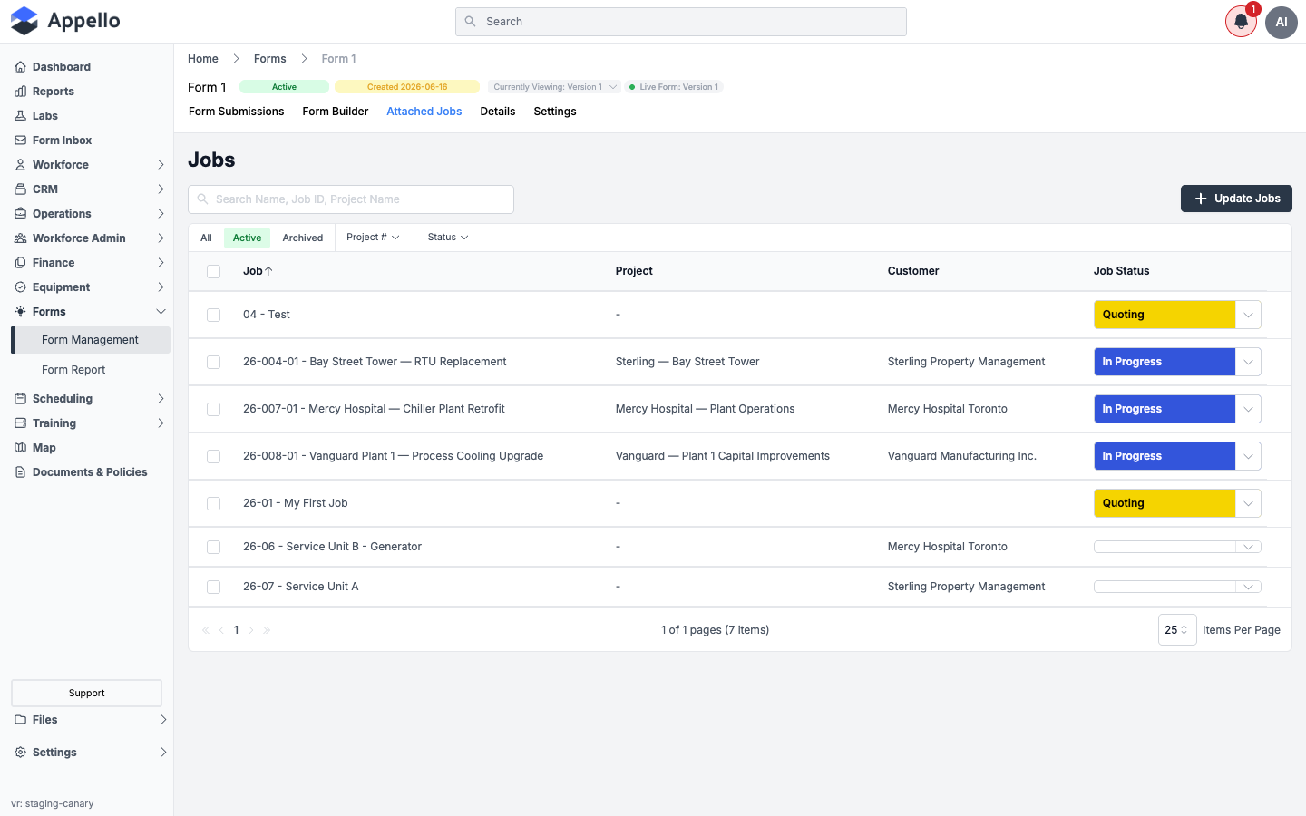 The Attached Jobs tab on a safety form, listing the jobs the form is required on