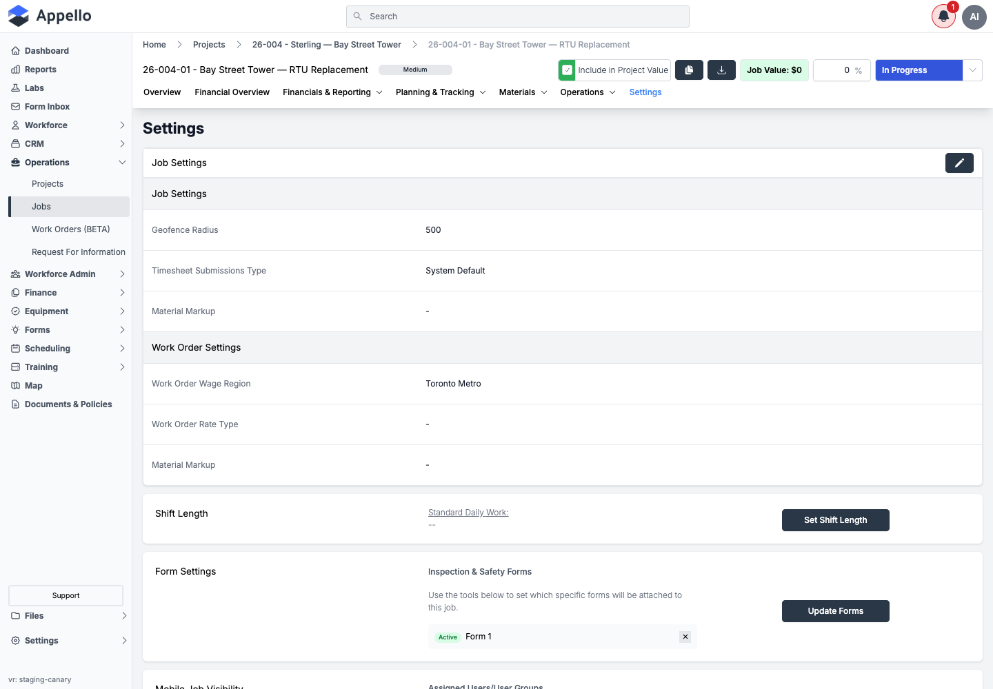Form Settings card on a job's Settings tab, showing a form already attached
