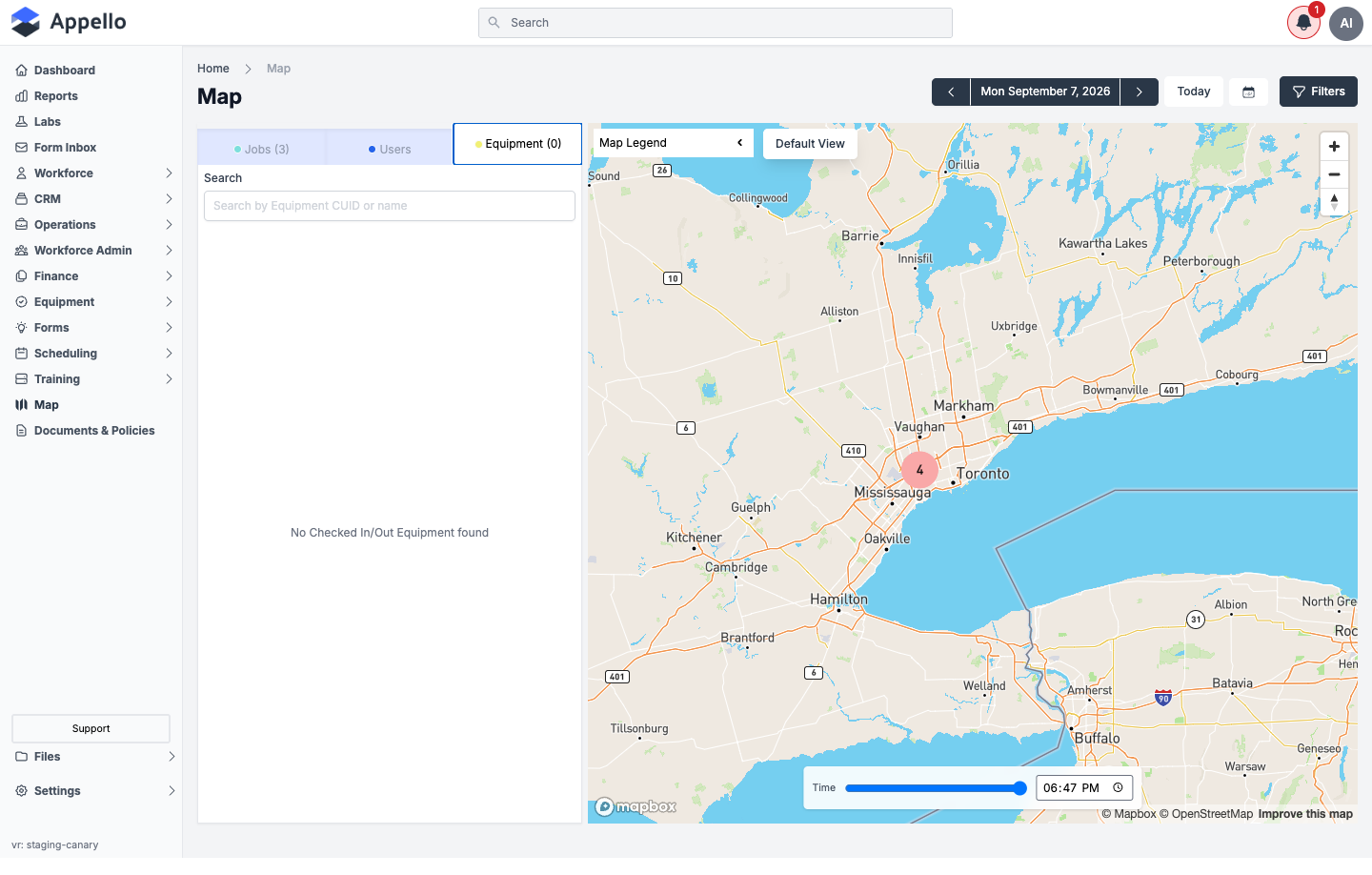 Equipment tab on the map showing the "No Checked In/Out Equipment found" empty state when no equipment has a last-known location