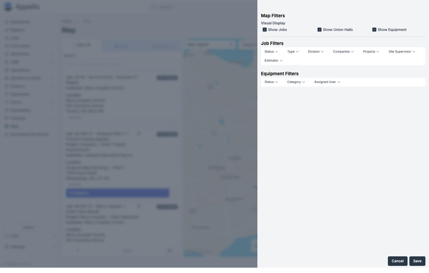 Filters flyout open, showing Visual Display checkboxes, Job Filters (Status, Type, Division, Companies, Projects, Site Supervisor, Estimator), and Equipment Filters (Status, Category, Assigned User)